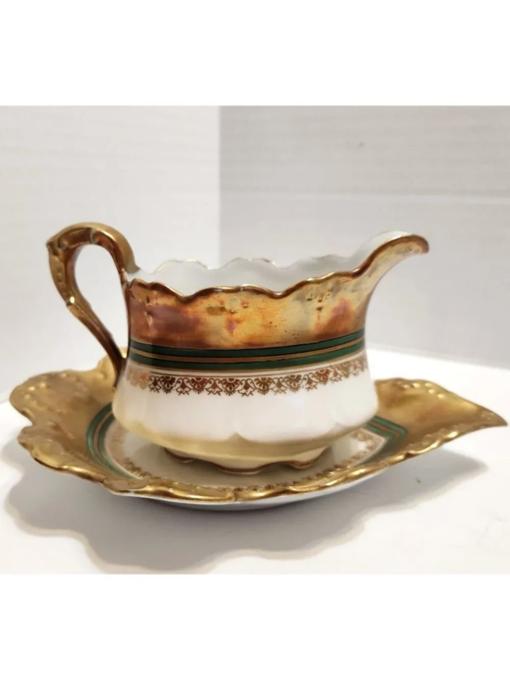 Antique Limoges France B&H Gold Green Trim Porcelain Gravy Boat Underplate READ